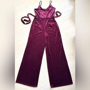 Forever 21 Maroon Velvet Wide-Leg Jumpsuit